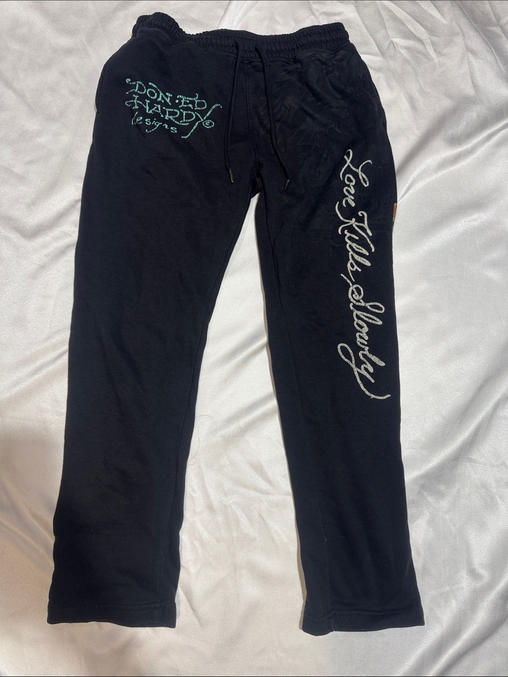 Ed Hardy Black Sweatpants with White Script & Teal Logo